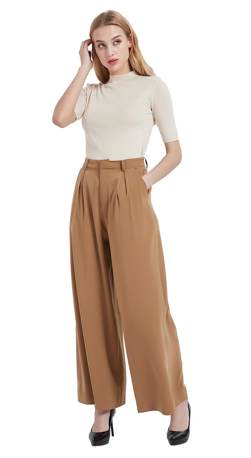 Tronjori Women High Waist Casual Wide Leg Long Palazzo Pants Trousers Regular Size(XS,Camel) - Image 2